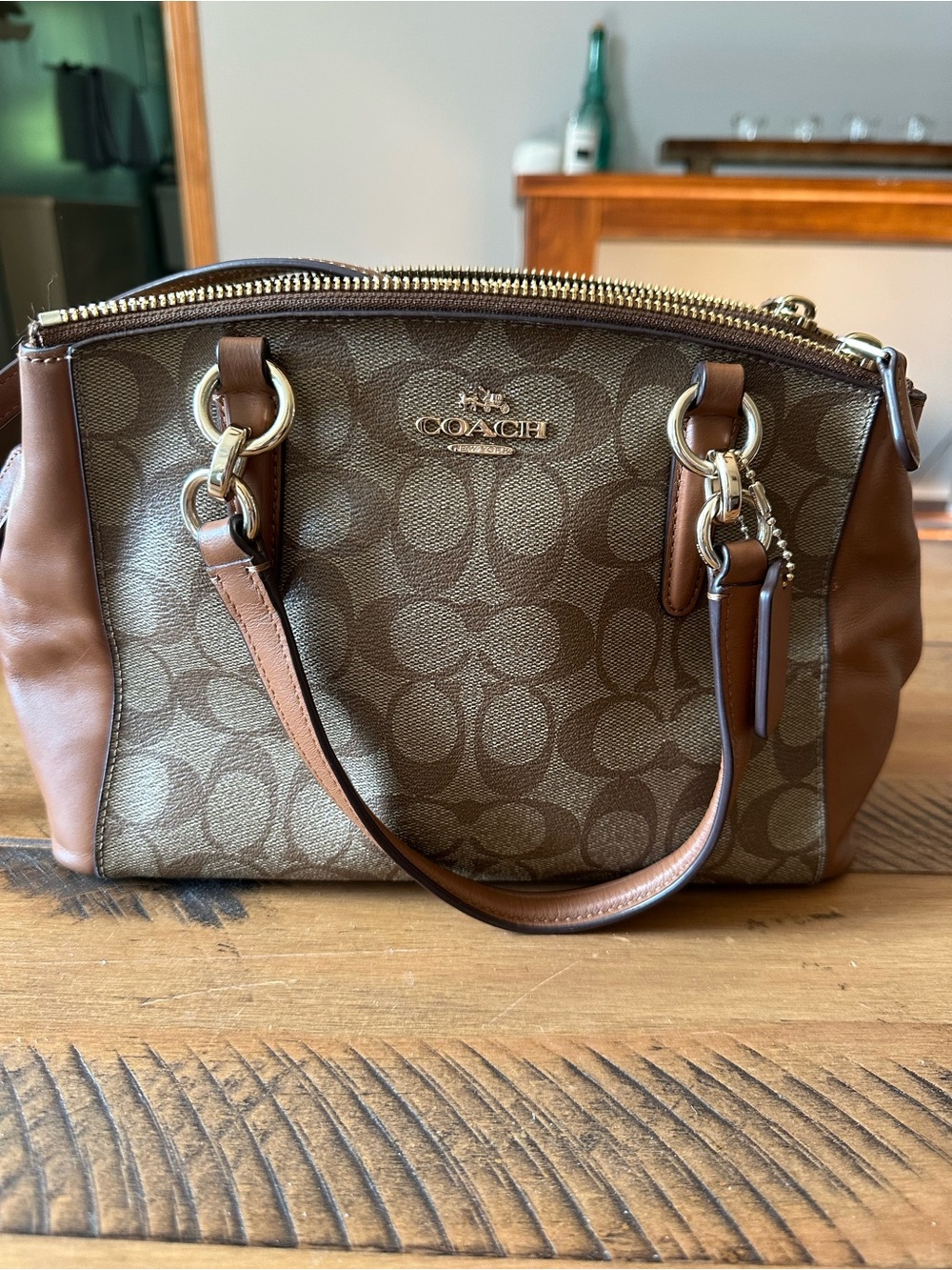Coach Brown Signature Canvas Shoulder Satchel with Gold Hardware